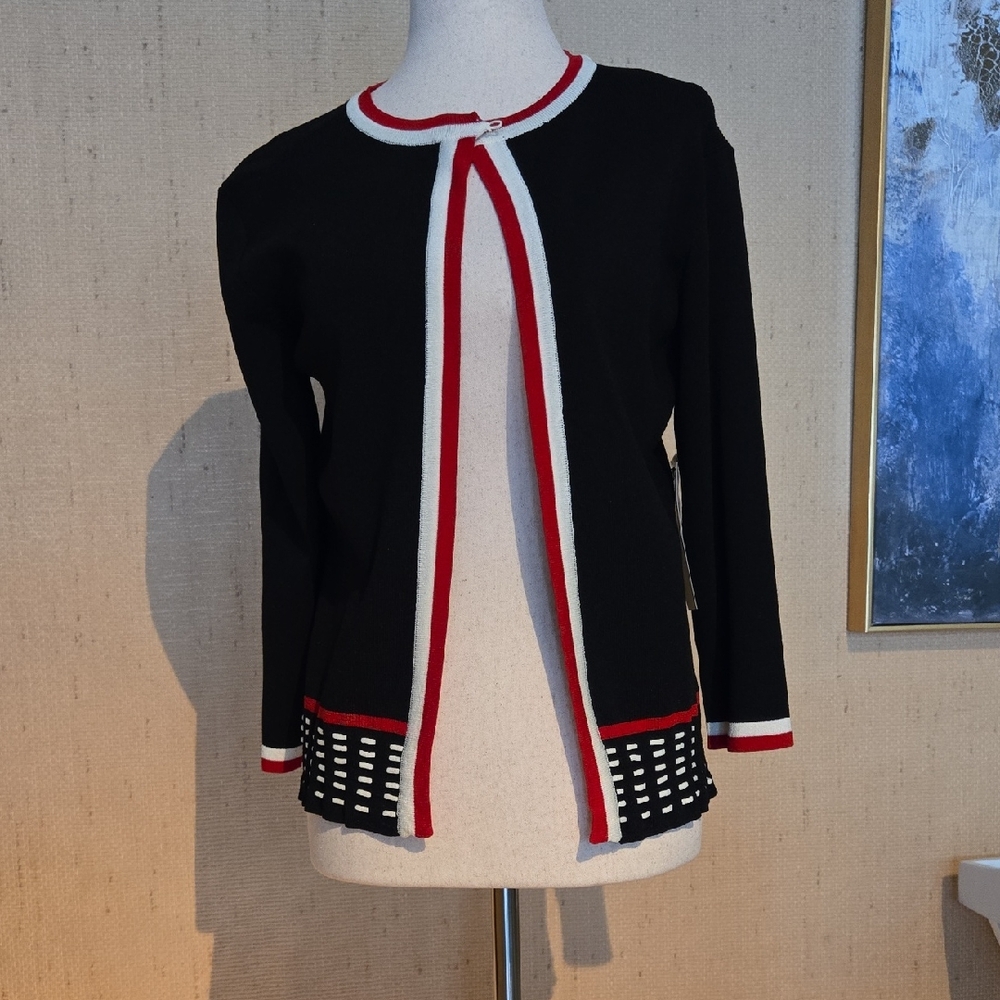 Finity Black Cardigan with Red and White Accents